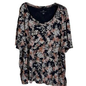 J Jill Pima Cotton Elbow Sleeve Scoop-Neck Tee Size 3X  Blue Floral Women’s